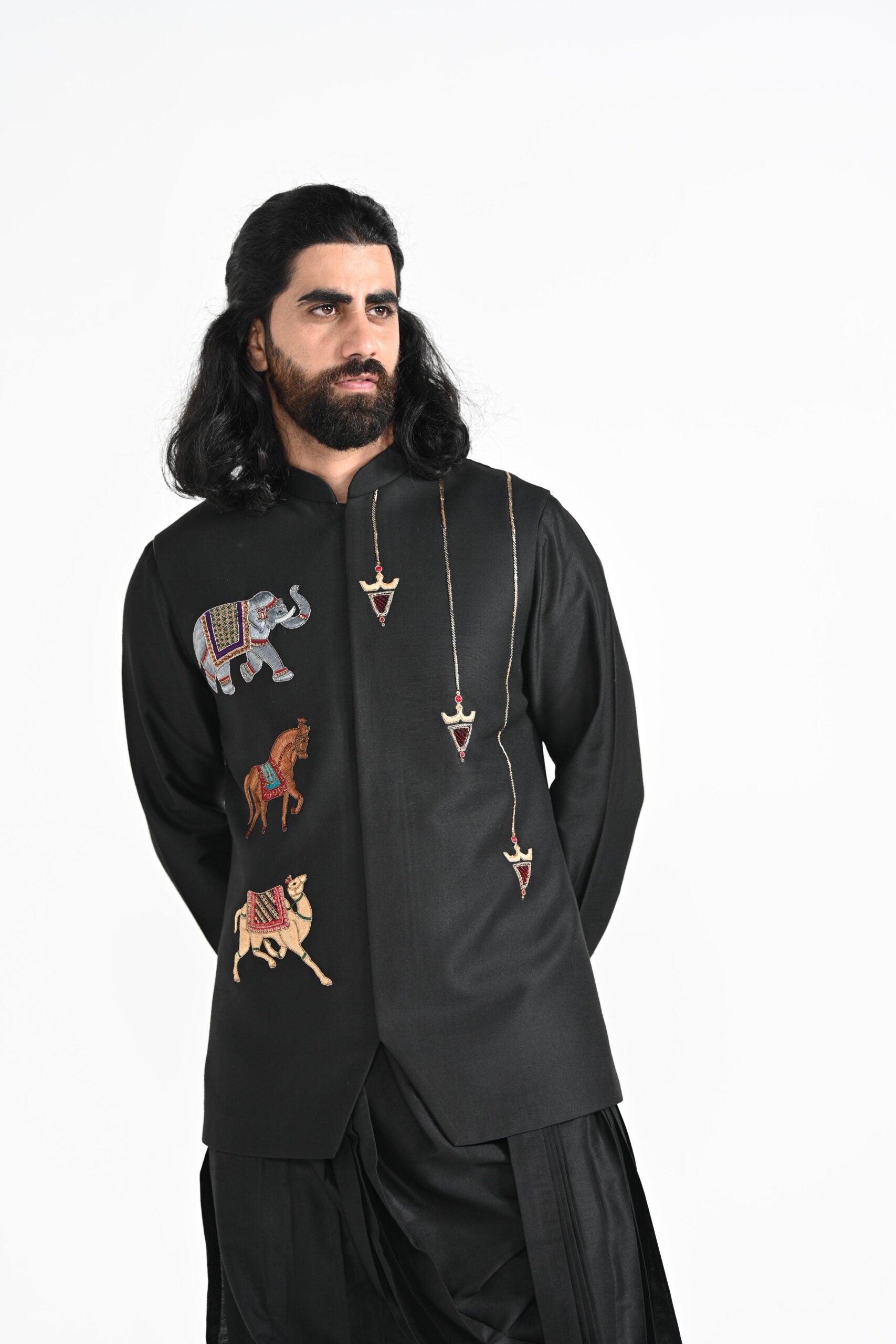 Rajasthani Trotting Animals Nehru With Cowl Hem Drape Kurta Set image 7