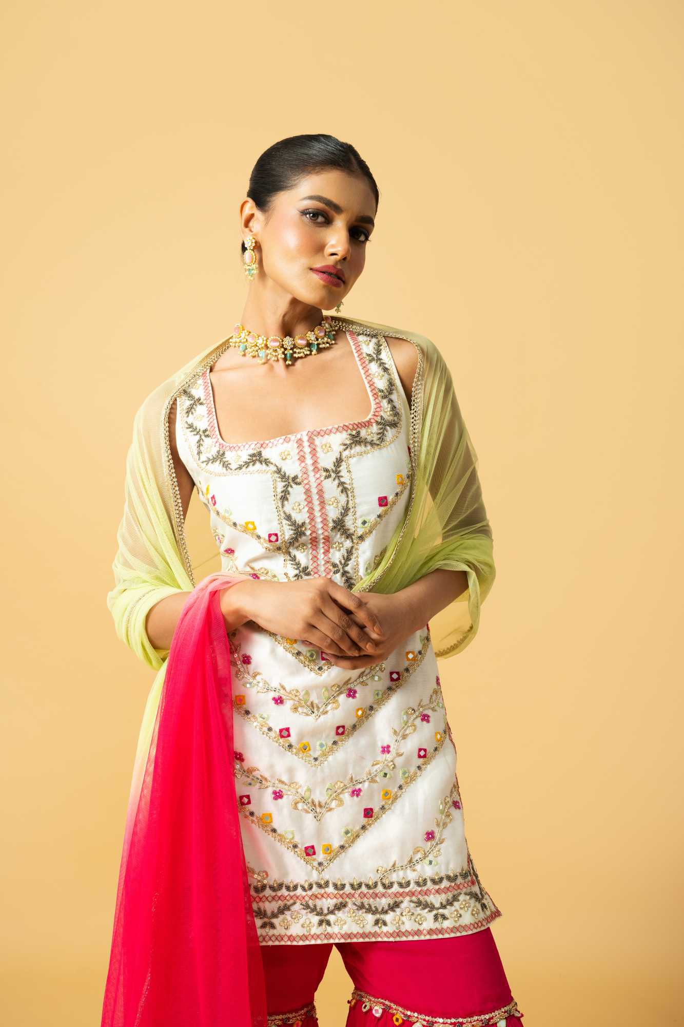 Ivory Chanderi Silk Kurta Fuschia Pink Georgette Sharara image 1