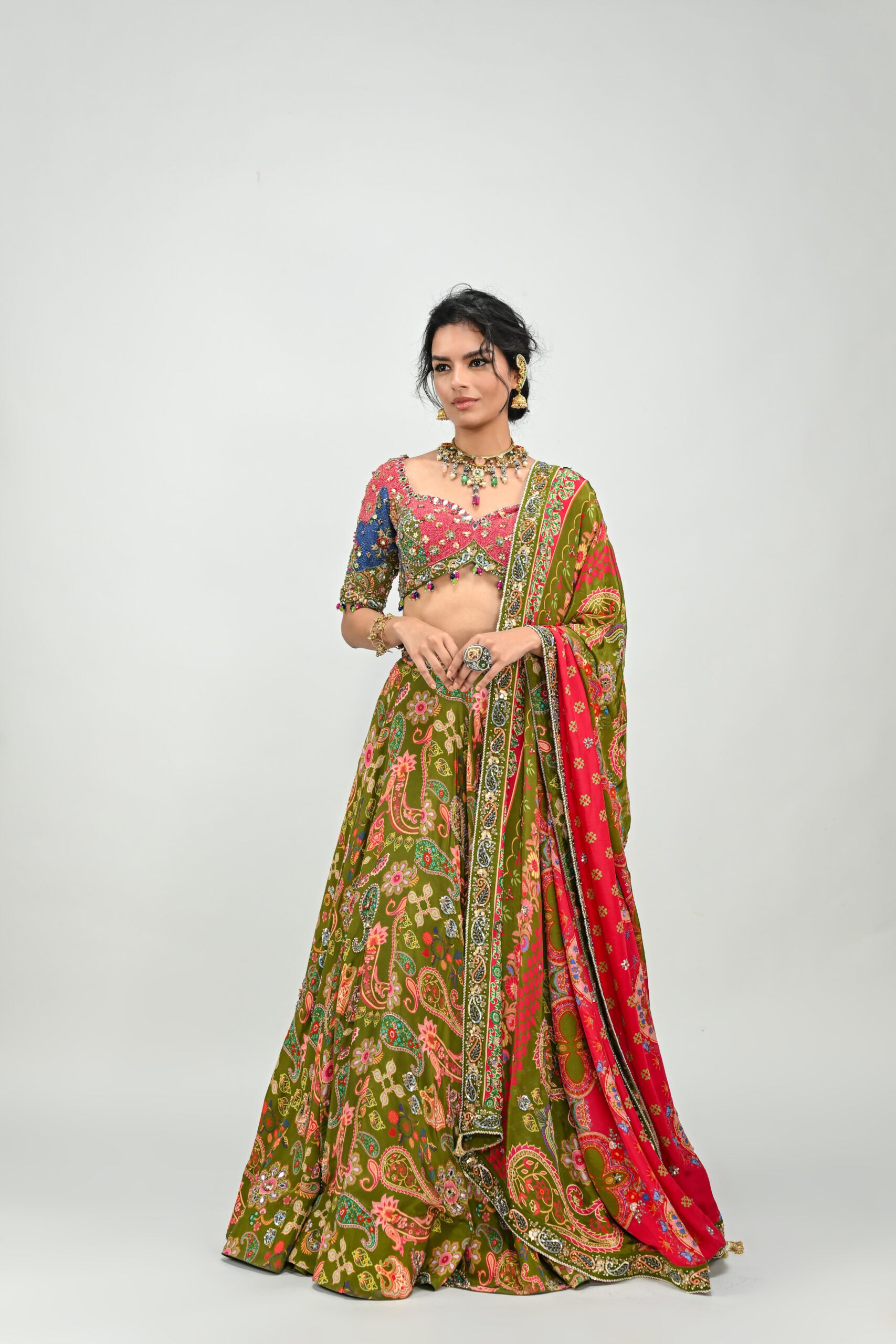 Olive Highlighted Lehenga Paired With Patch Embroidered Badla  Blouse and  Dual Print Highlighted Dupatta image 6
