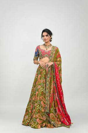 Olive Highlighted Lehenga Paired With Patch Embroidered Badla  Blouse and  Dual Print Highlighted Dupatta image 6
