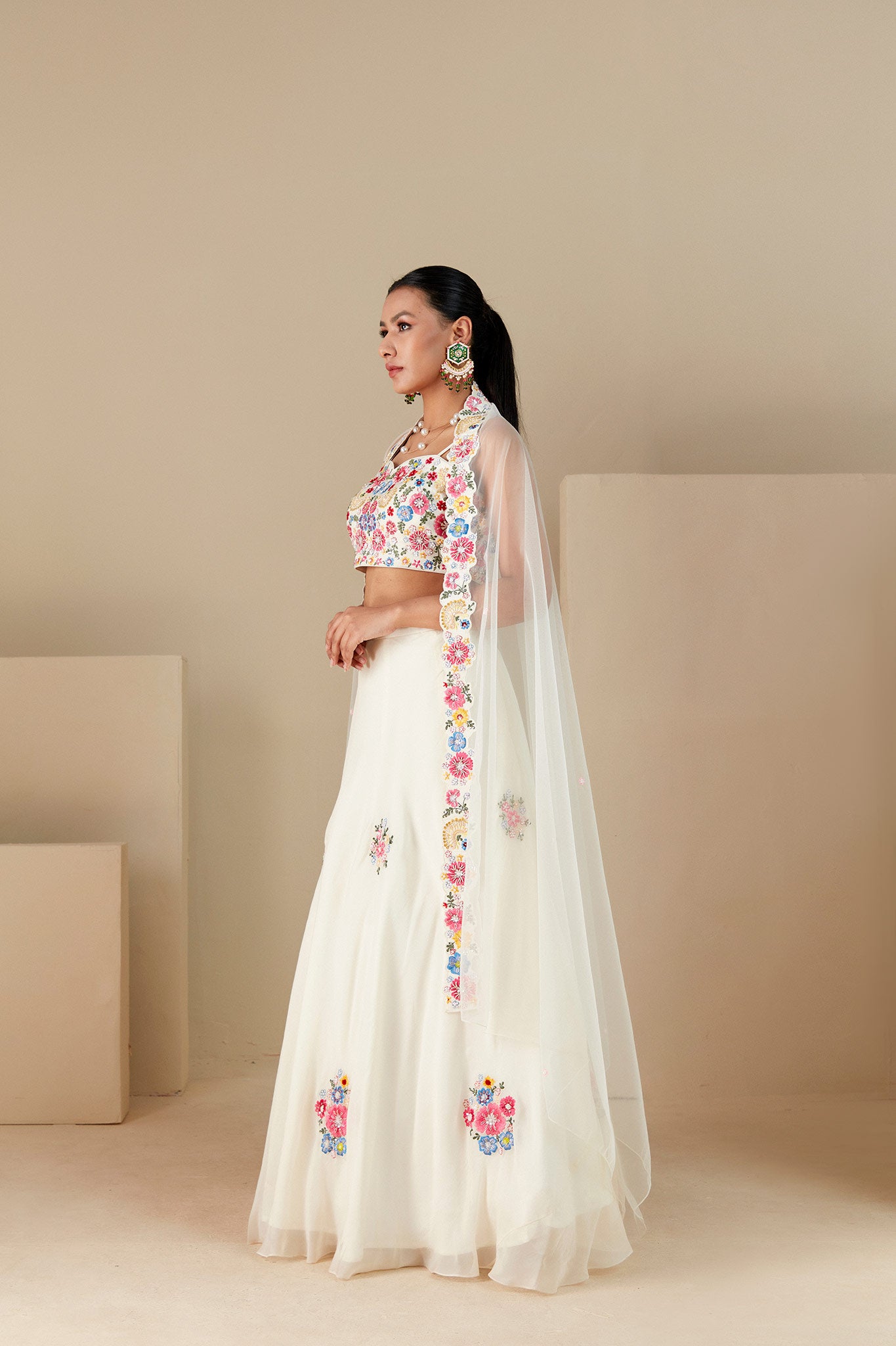 Off White Georgette Crepe and Organza Lehenga Set image 4