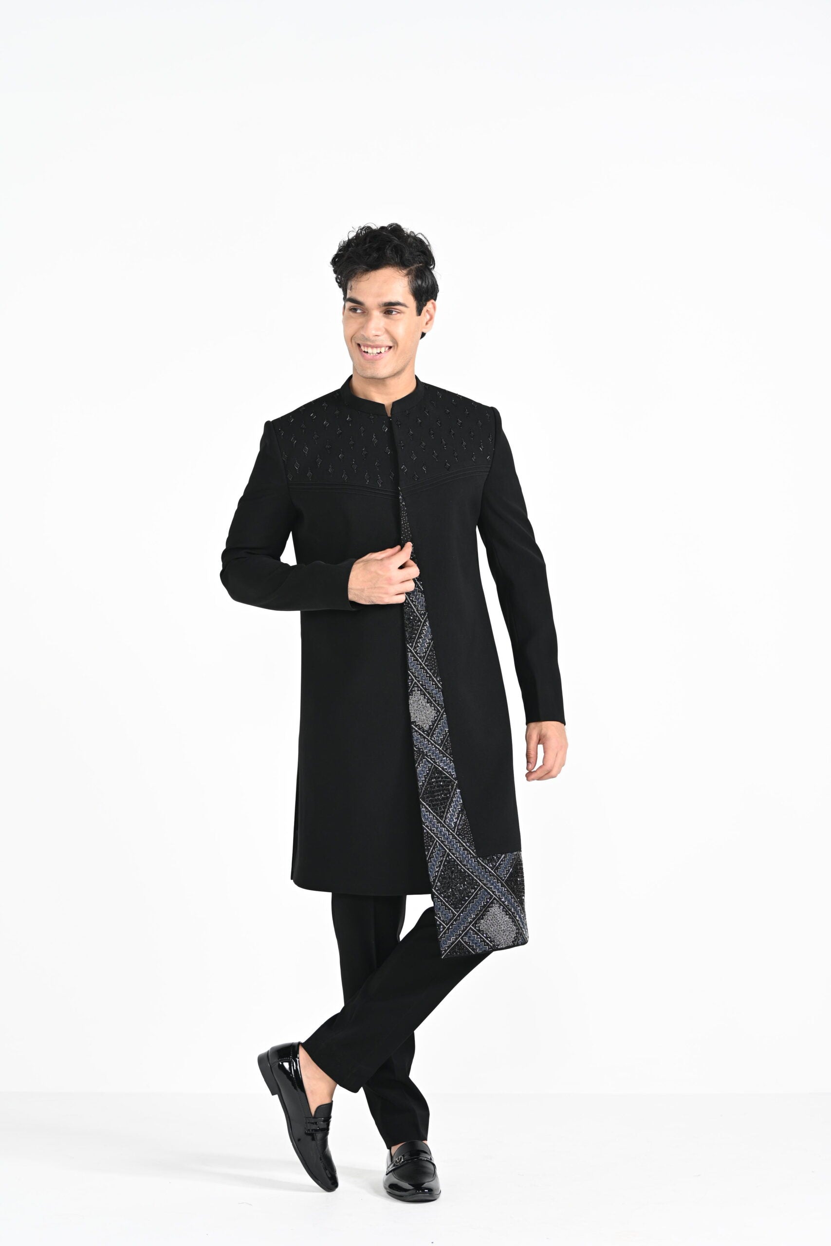 Black Panelled Achkan Set image 5