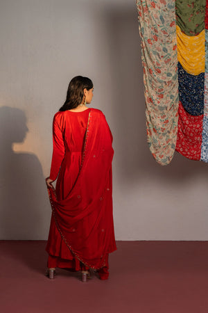 Red Embroidered Anarkali Suit Set image 1