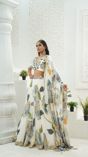 Ivory hand painted lehenga set image 3