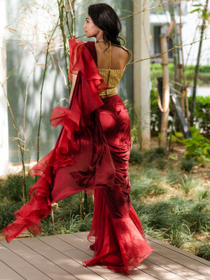 Maroon and Gold Lasha Saree Set image 1