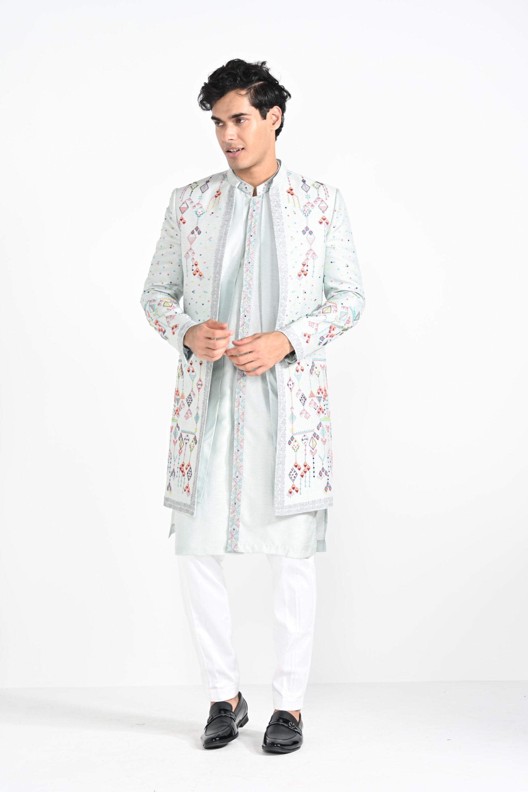 Ice Blue Multicoloured Geometric Motif Achkan Set image 8