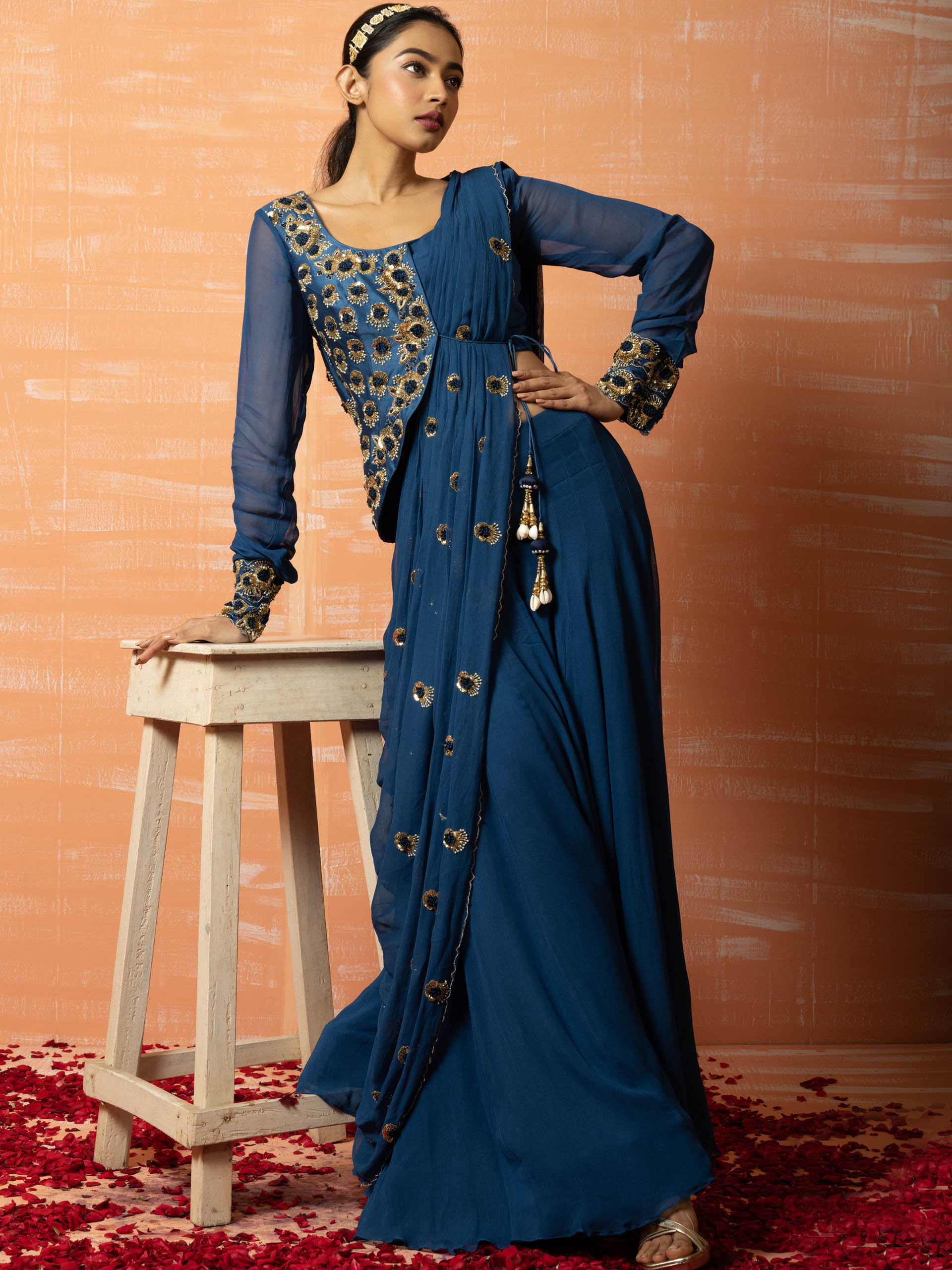 Peacock Blue Sharara Saree Set image 3
