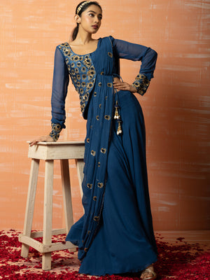 Peacock Blue Sharara Saree Set image 3