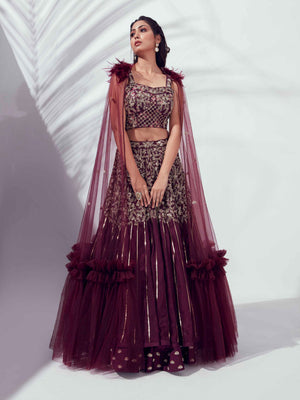 Wine Lehenga Paired With Cape Dupatta - S image