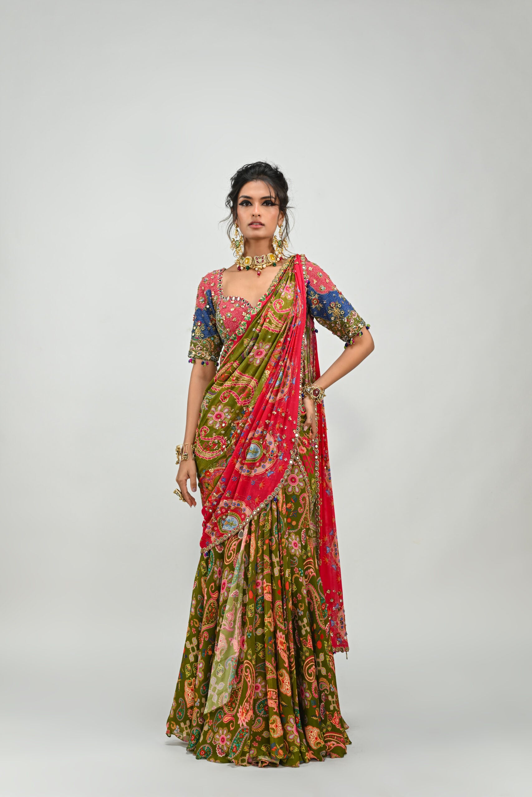 Olive Highlighted Dual Pre-stitched Saree Paired With Patch Blouse image 0