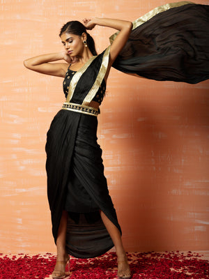 Black Pre Draped Dhoti Saree Set image 1
