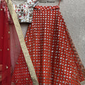 White Threadwork Blouse with Burnt Orange Lehenga image 0