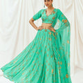 Turquoise Blue Printed Embroidered Lehenga Set with Dupatta image 0