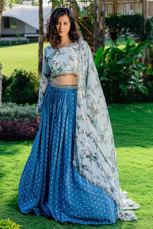 Powder Blue Printed &amp; Embroidered Lehenga Set - M image