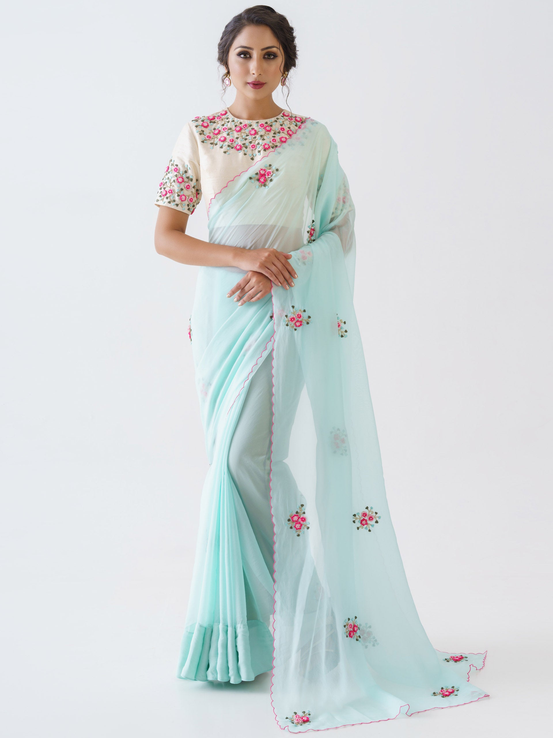 Light Blue Floral Saree Set image 0