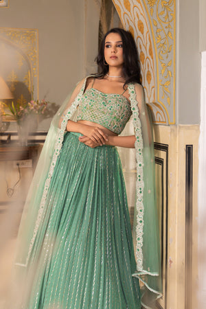 Green Georgette Crepe Sequins Embroidered Lehenga Set - XL image