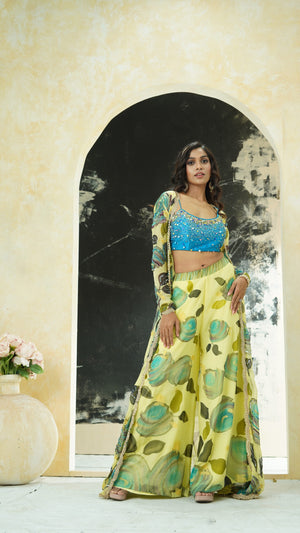 Lime Yellow hand painted palazzo and jacket set - L image