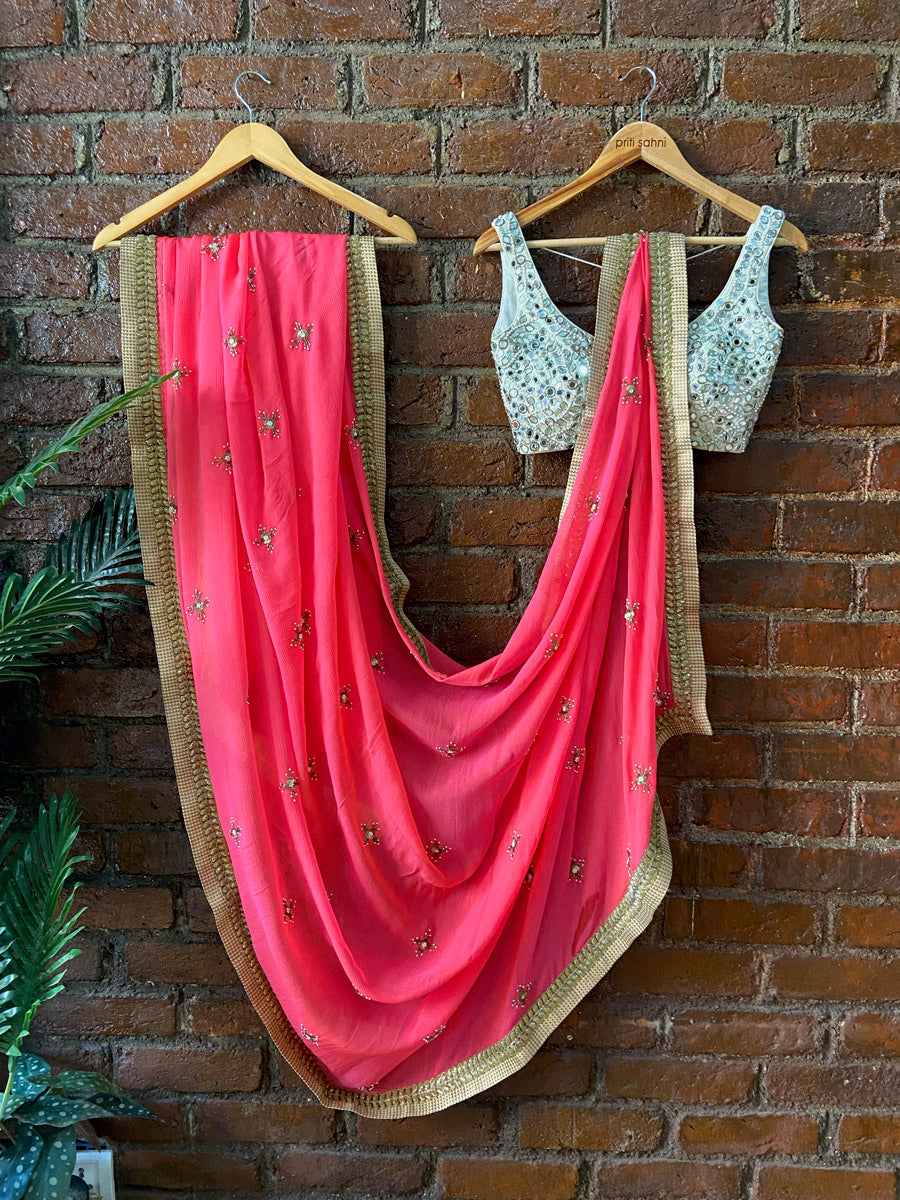 Crimson Chiffon Saree With Mirror Blouse image 1
