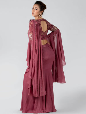 Pre-Drape Mauve Fish Cut Saree Set image 1