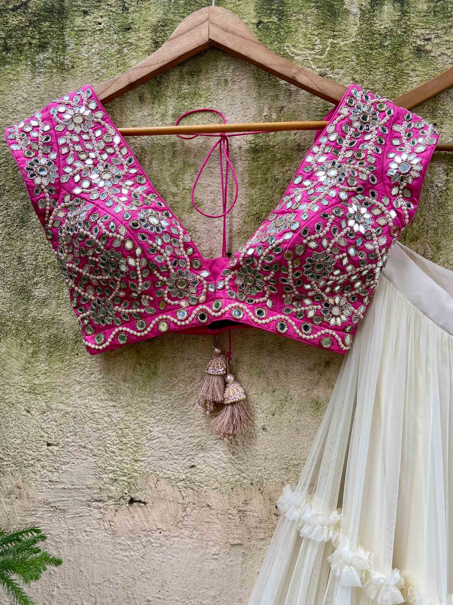 Ivory and Fuchsia Mirror Ruffle Lehenga Set image 1