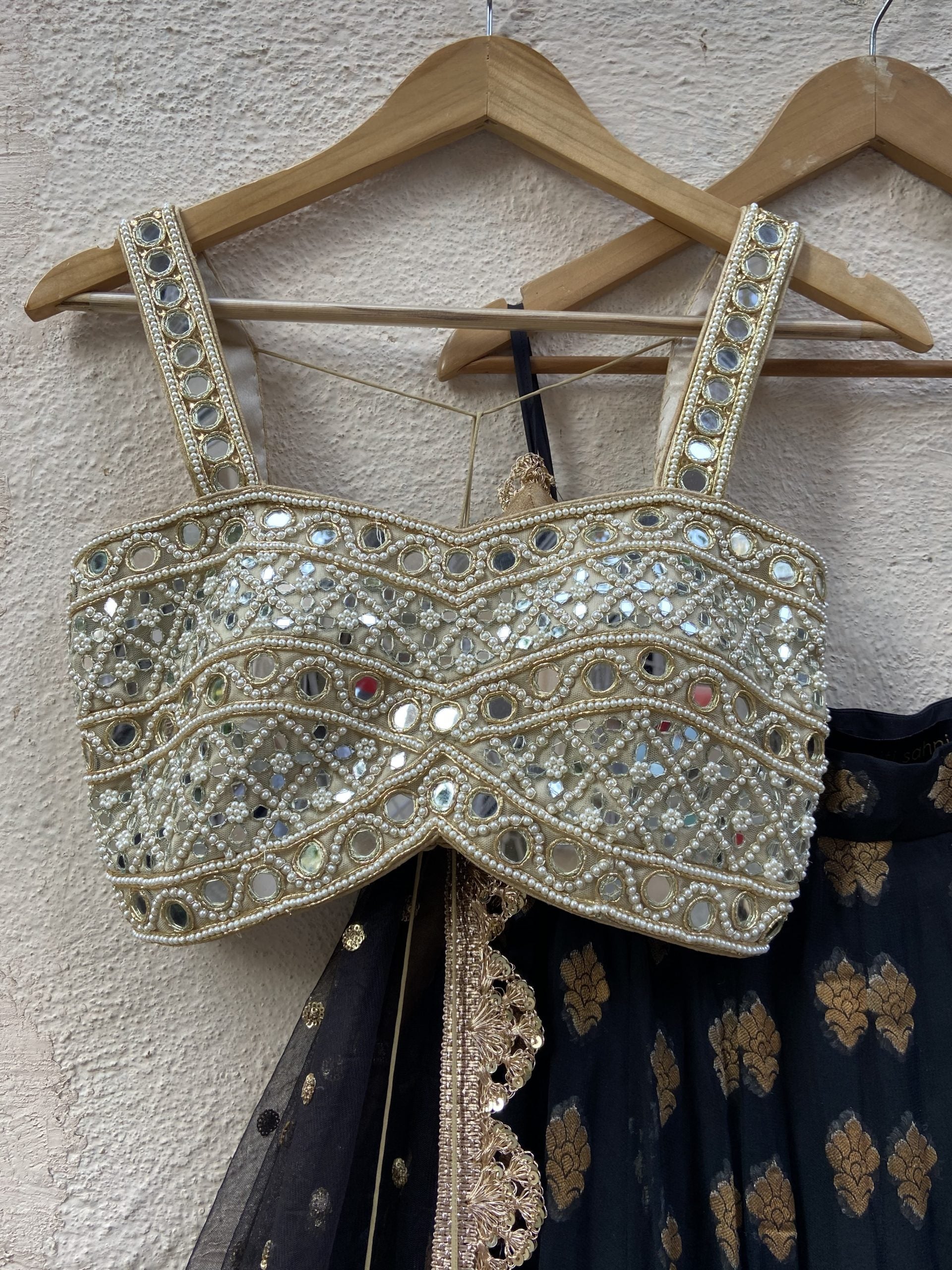 Black Ruffle Lehenga Set with Mirror Bustier image 2