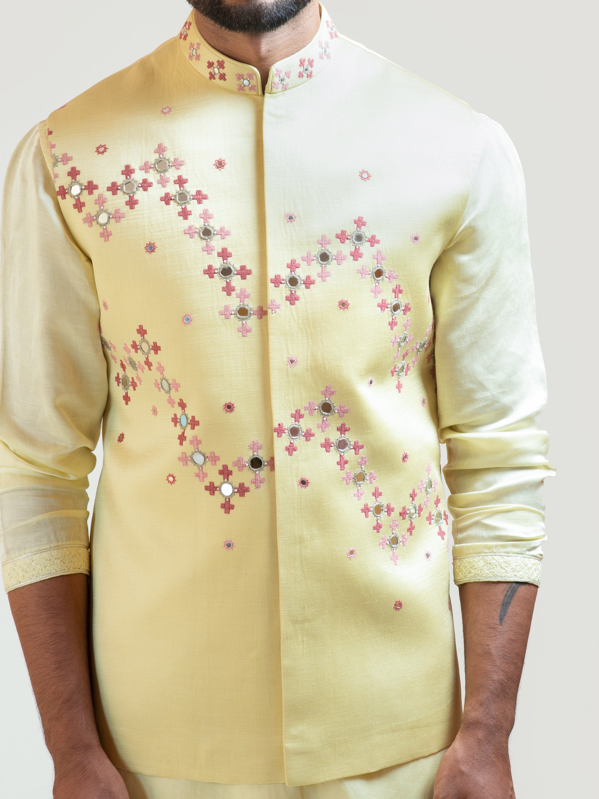 Yellow Gujarati Work Nehru Jacket image 1