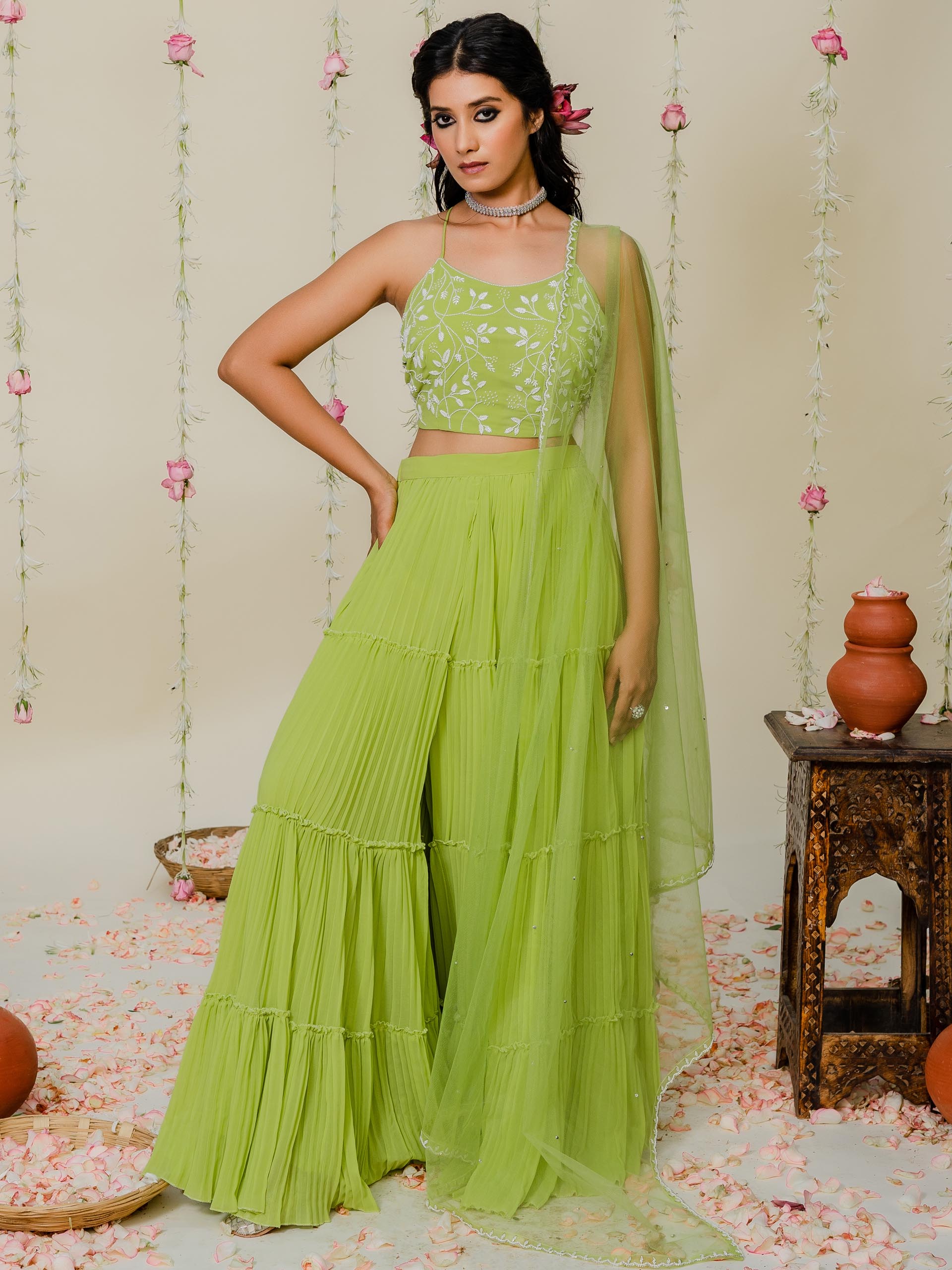 Lime Green Pearl Embroidered Sharara Set - S image