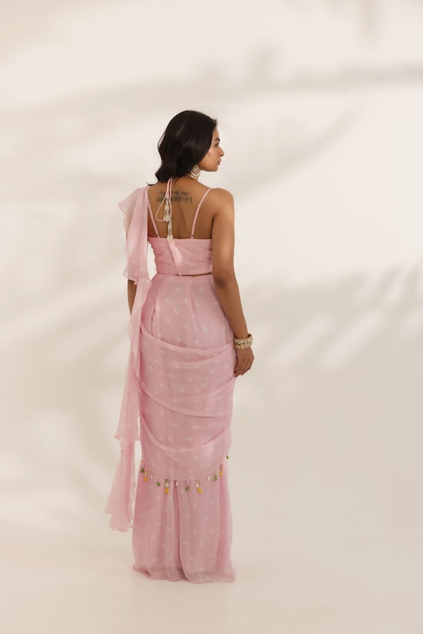 Pastel Pink Bandhani Drape Saree image 3