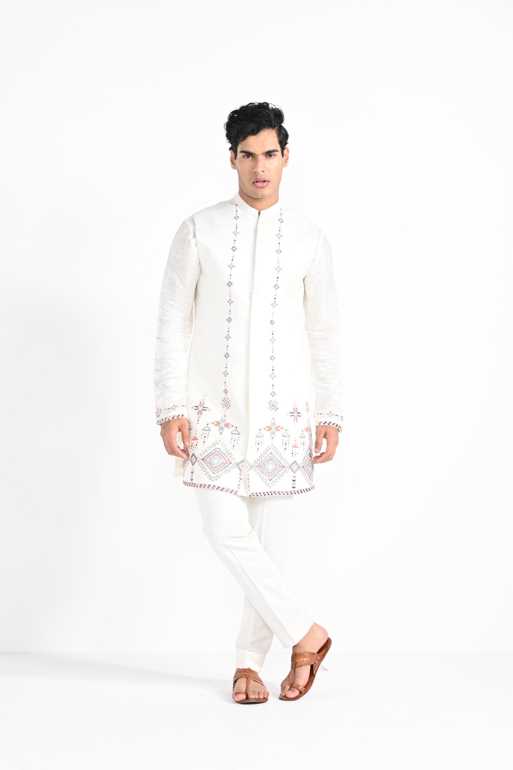 Ivory Phulkari Inspired Nehru with Embroidered Kurta Set - M image