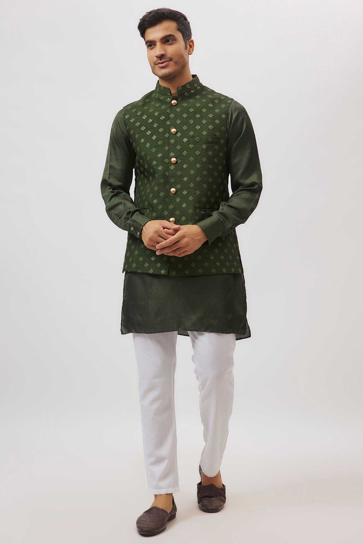 Emerald Green Embroidered Jacket Kurta Set image 0