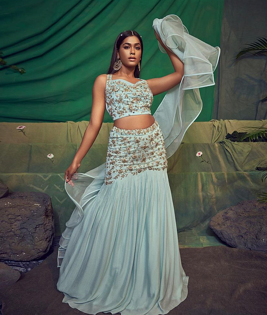 Sea Green Silhouette Lehenga with Ruffle Dupatta - L image
