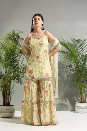 Yellow Floral Sharara Set - M image
