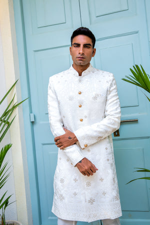 White Lucknowi Embroidered Sherwani Set image 3