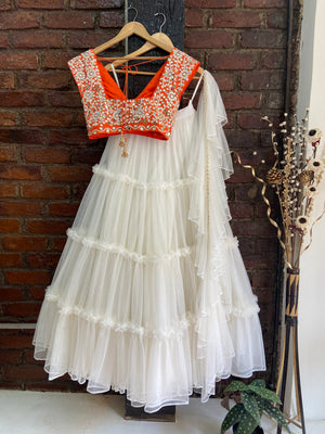 Ivory and Orange Tier Lehenga Set image 1