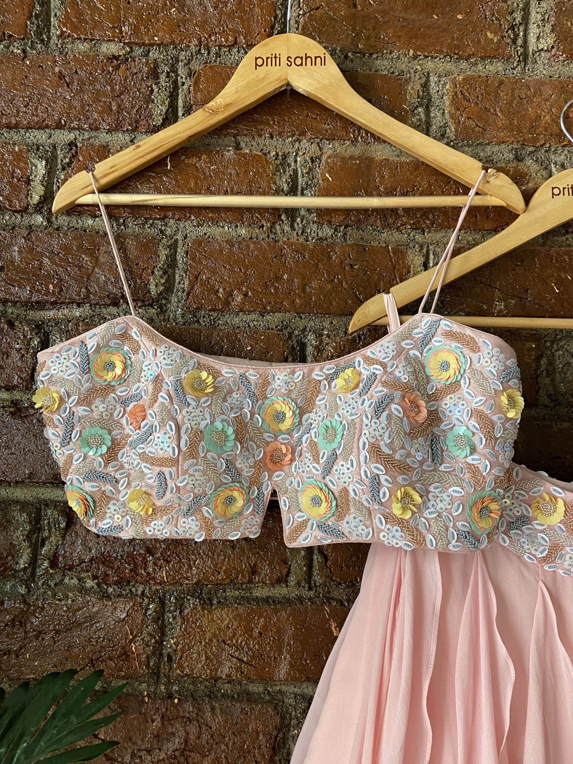 Powder Pink And Grey Ruffle Lehenga Set image 5