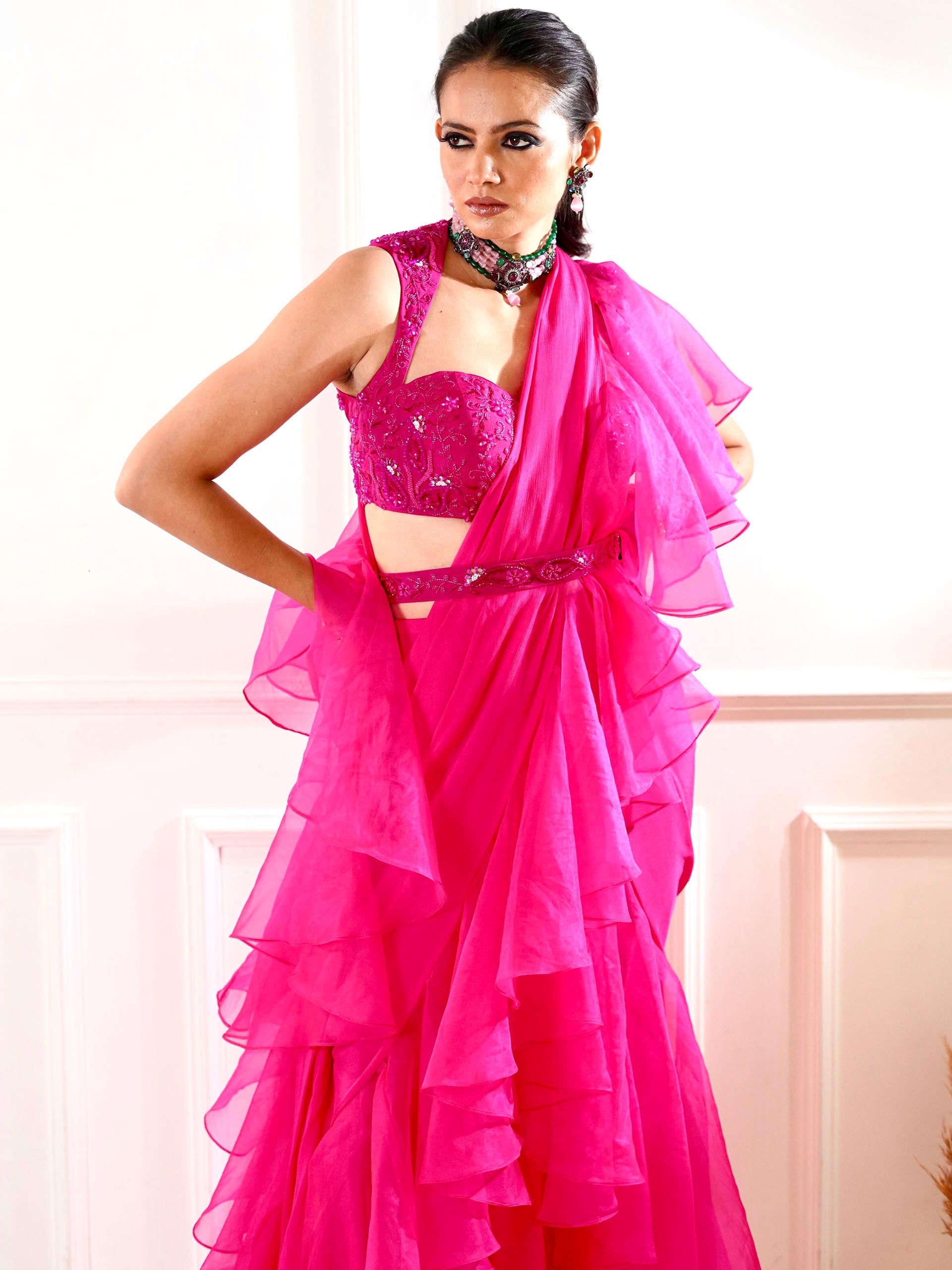 Rosie Hot Pink Ruffle Saree Set image 7