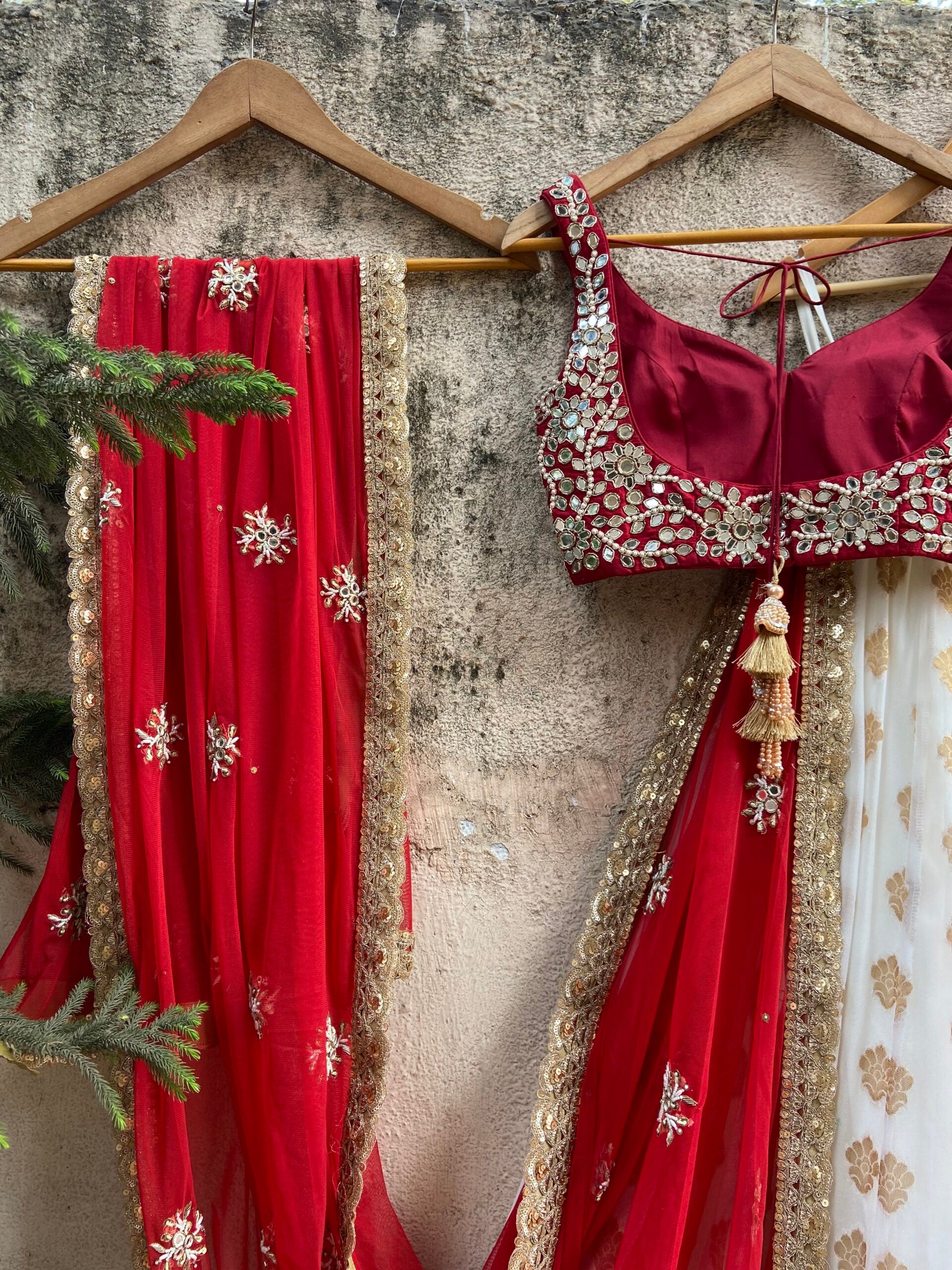 Ivory and Red Ruffle Lehenga Set image 1