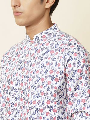 White Floral Print Kurta image 1
