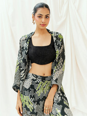 Black Printed Embroidered Jacket Pants Co-od Set with Blouse image 4