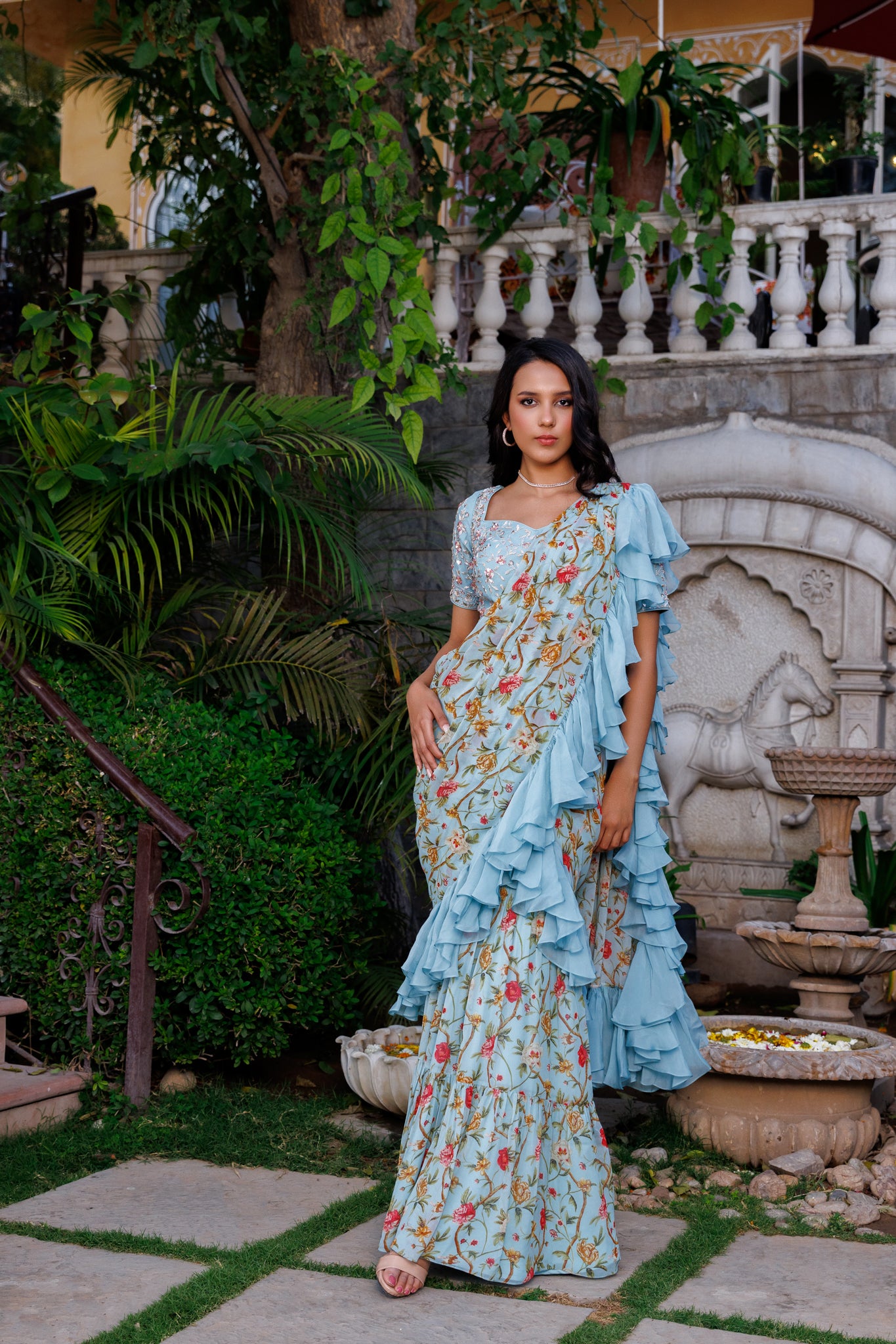 Baby Blue Pre-Drape Georgette Saree - L image