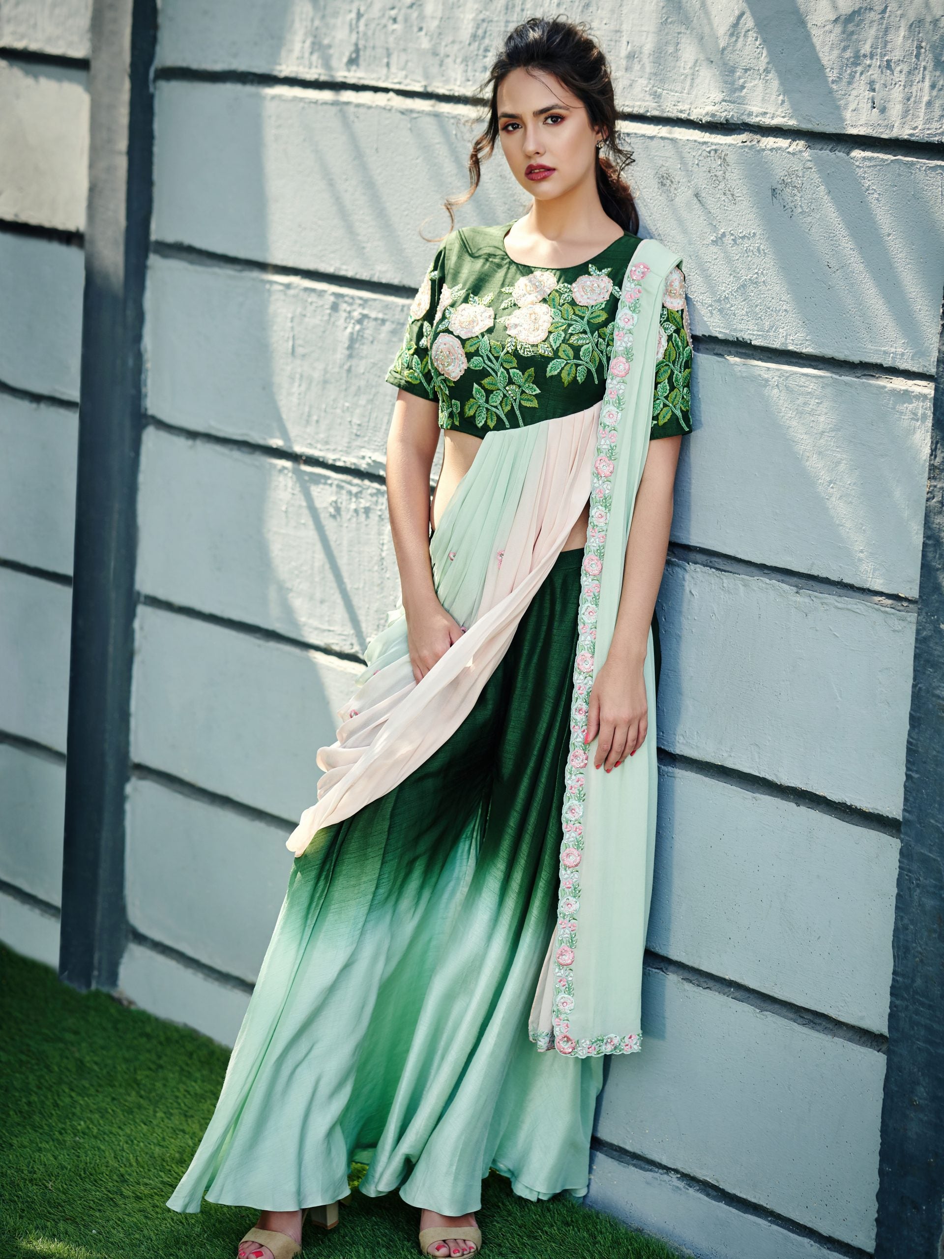 Green Ombre Pant Saree - S image