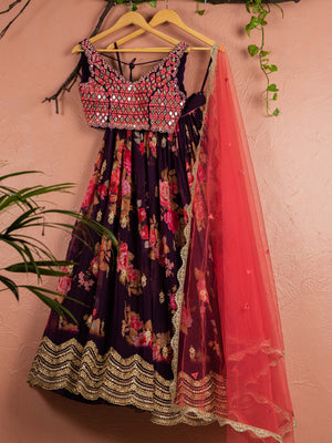Violet Floral Mirror Lehenga Set with Pink Dupatta - L image