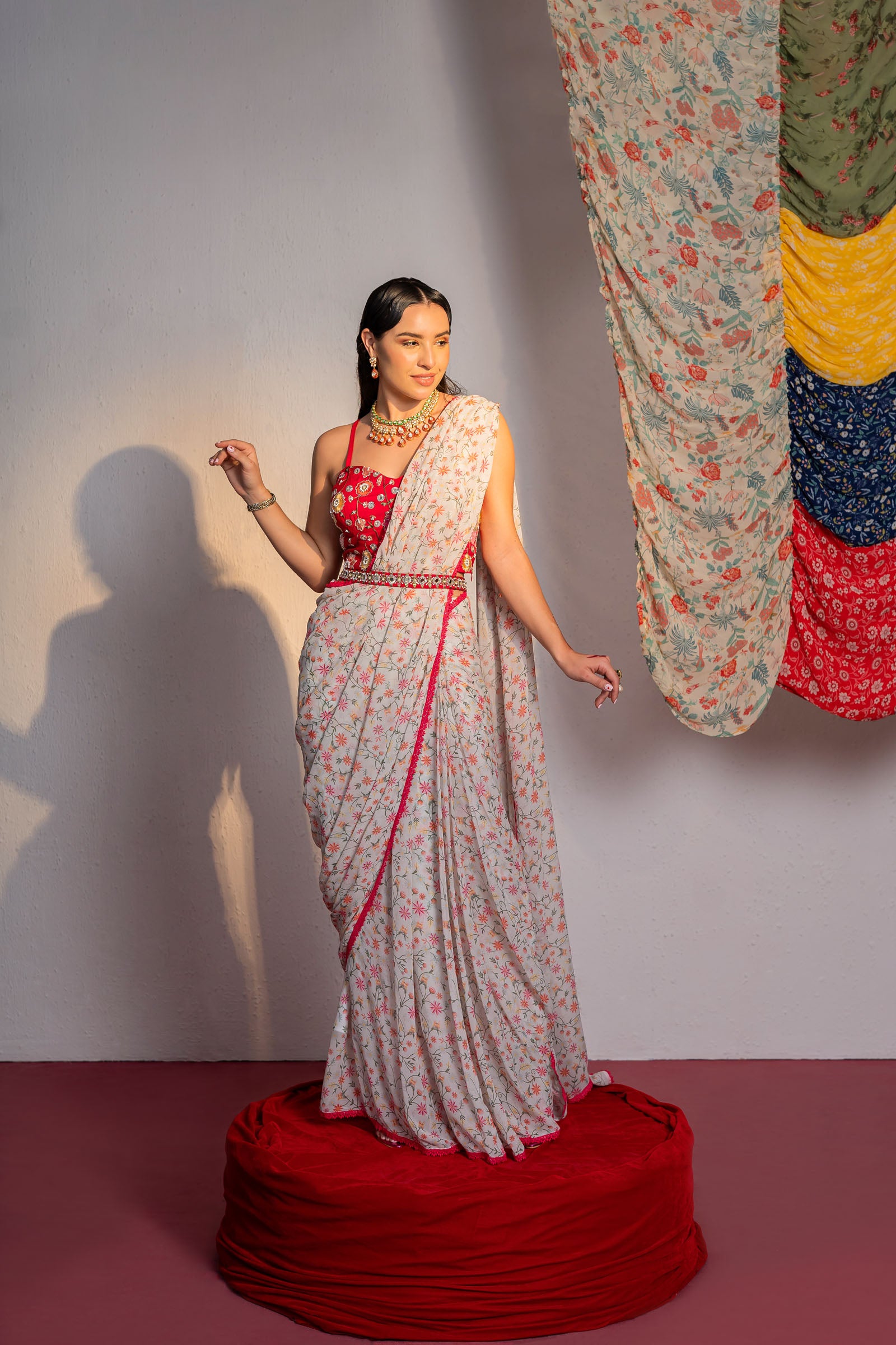 Ivory Printed And Embroidered Drape Saree Set - M image