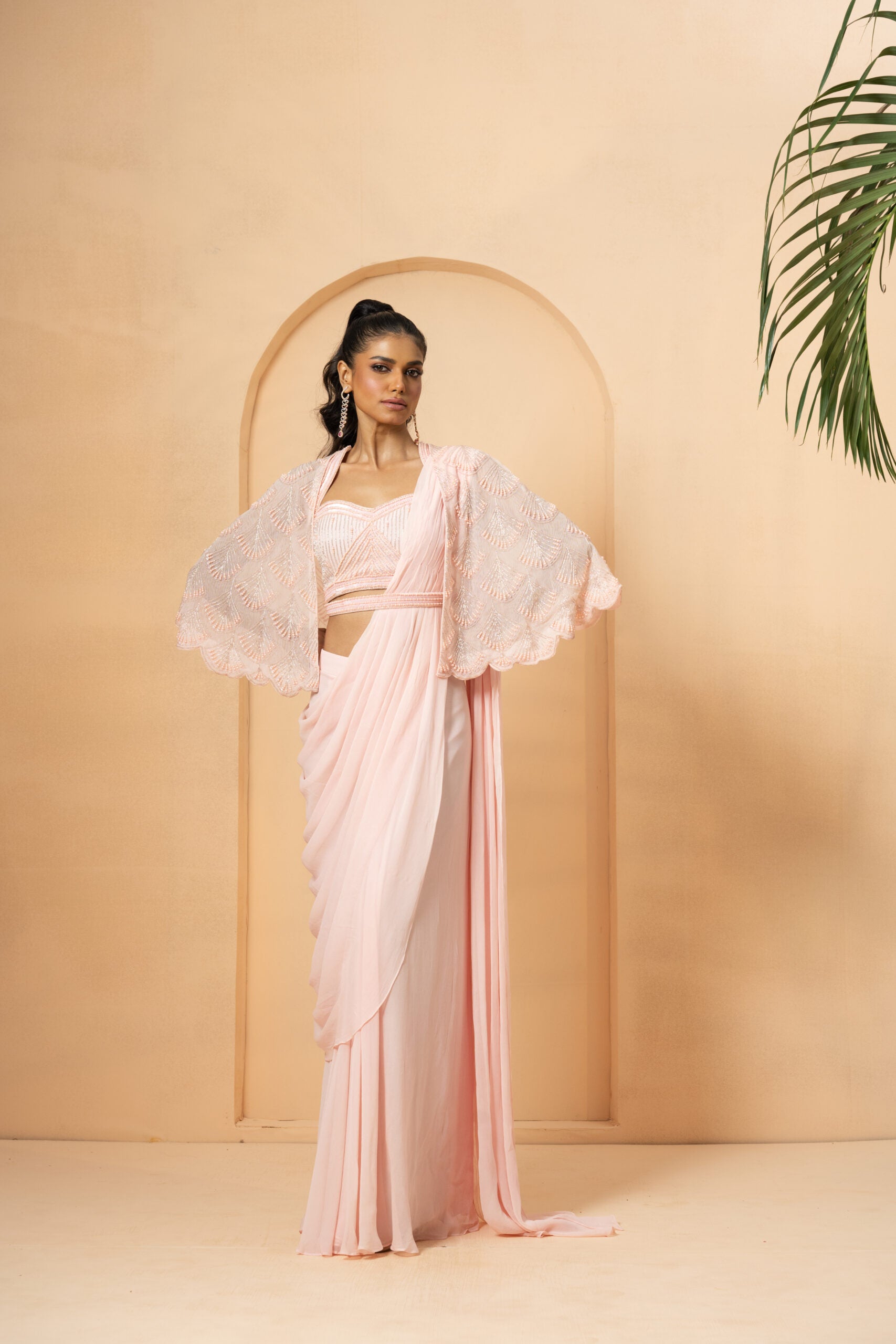 Baby Pink Cape Drape Saree - M image