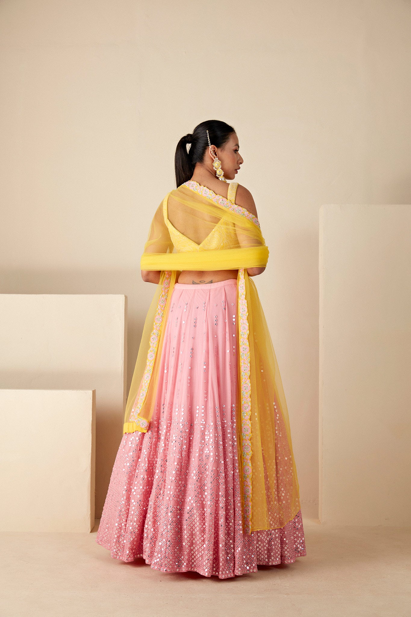 Pink and Yellow Work Lehenga image 1