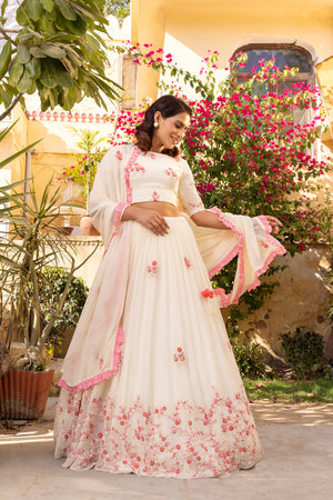 Floral Off-White Thread Embroidered Lehenga Set - L image