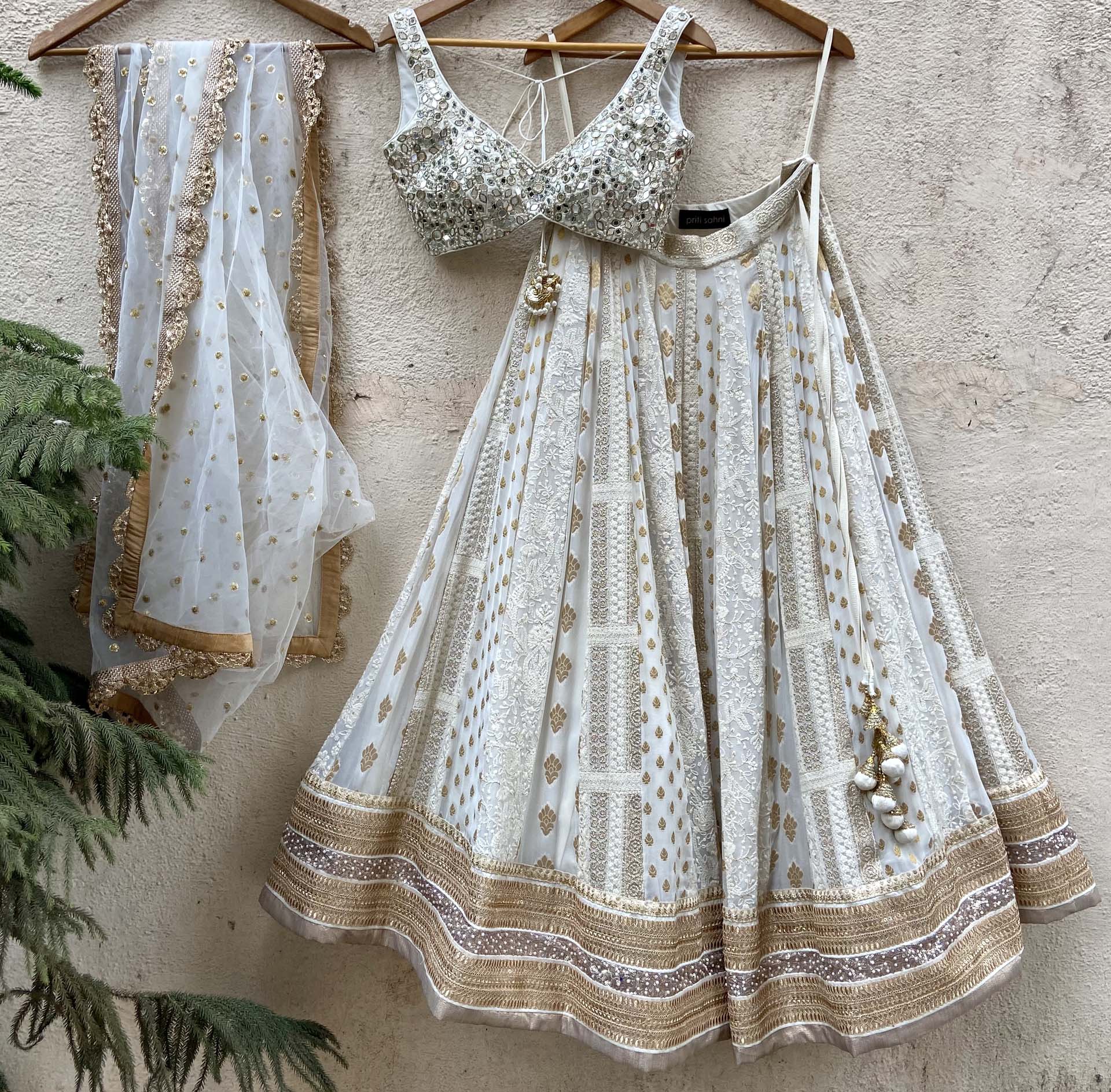 Ivory Multipanel Embroidered Lehenga Set With Mirror Blouse - S image