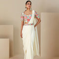 Thread Embroidered Off-White Pre-Drape Saree image 0