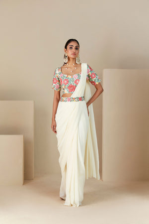 Thread Embroidered Off-White Pre-Drape Saree image 0