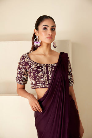 Wine Georgette Pre-Drape Saree image 3